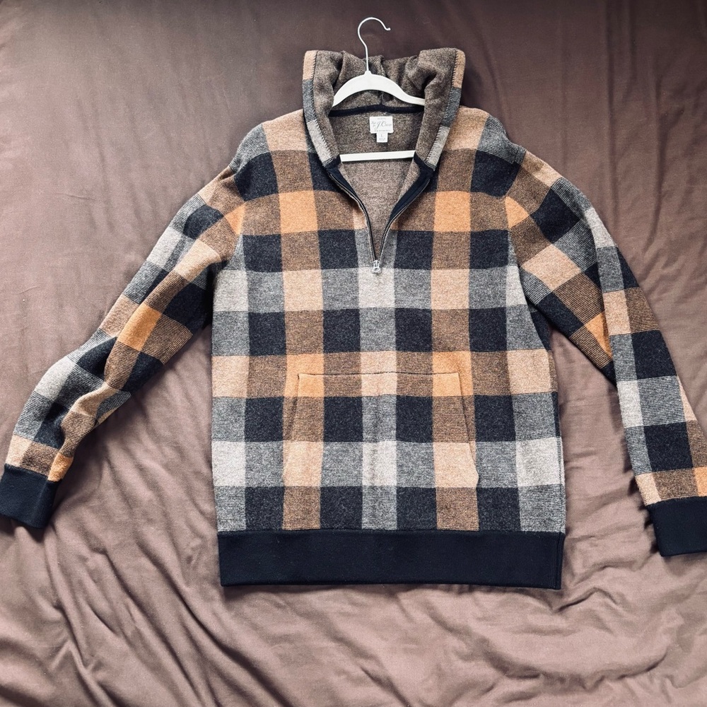 J. Crew Buttery Soft Heavy Merino Wool Plaid Hoodie Sweater
